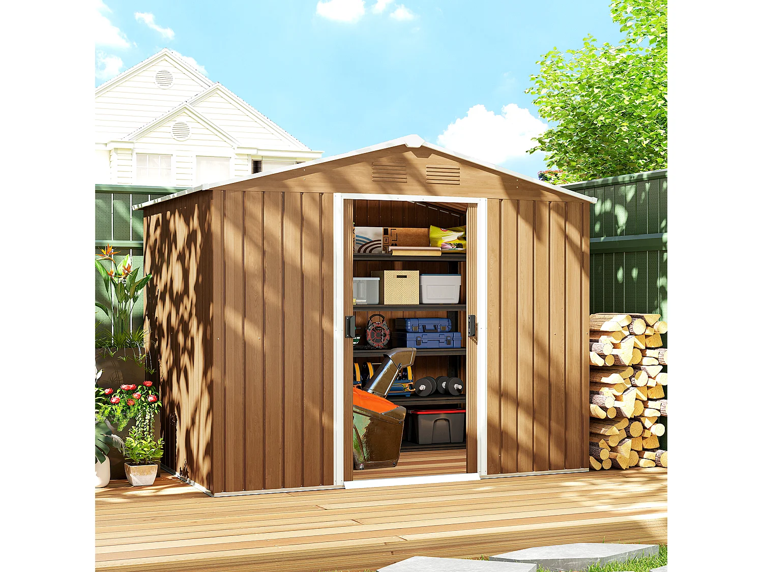 Casetta da giardino con doppia porta e 4 prese d'aria marrone legno
