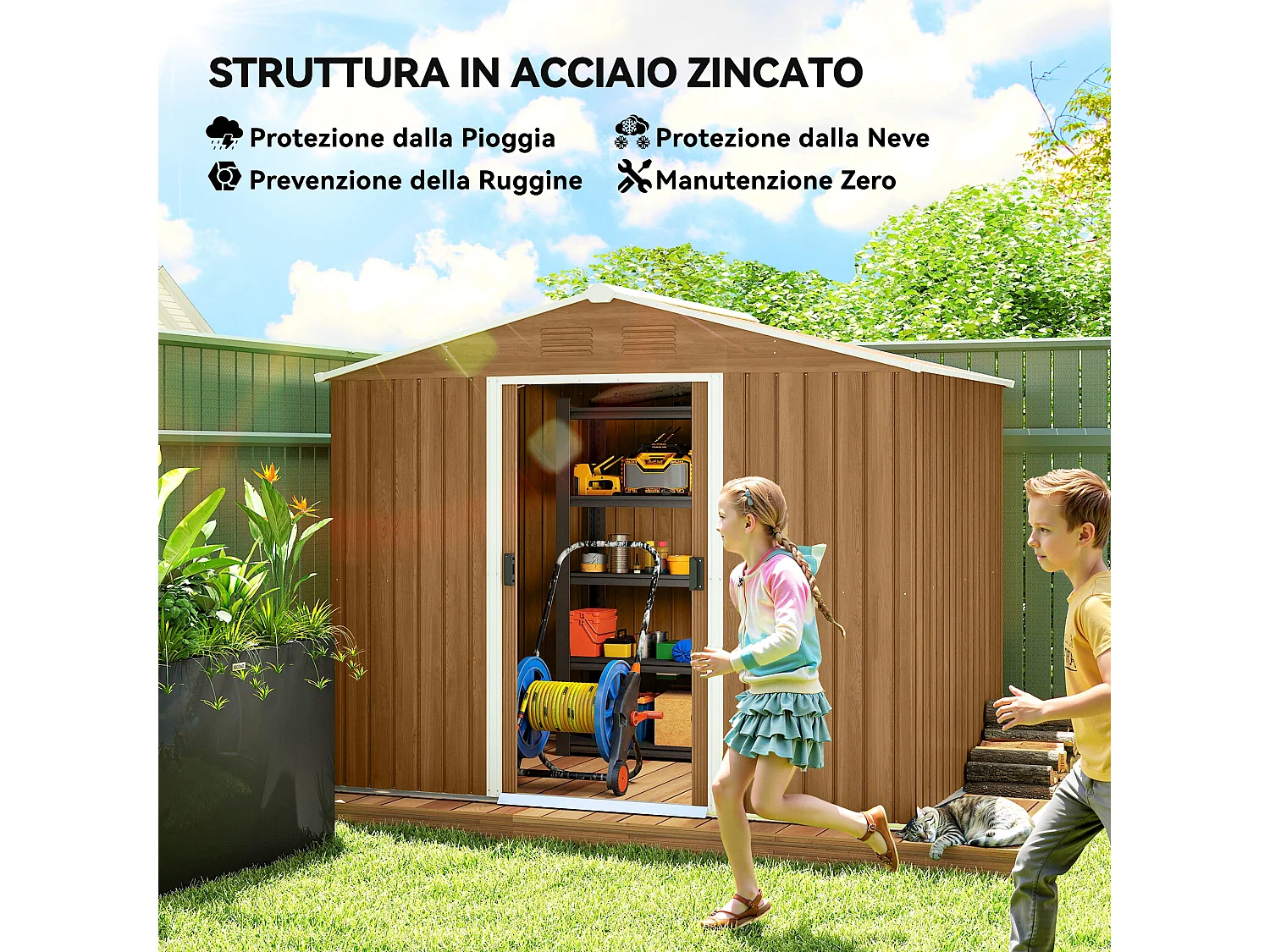 Casetta da giardino con doppia porta e 4 prese d'aria marrone legno