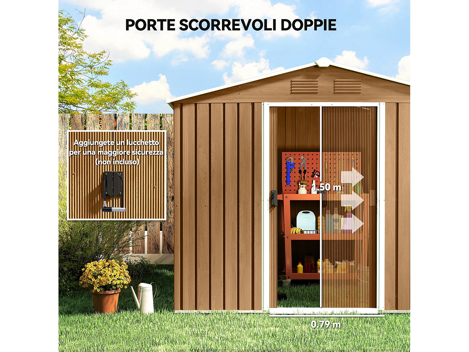 Casetta da giardino con doppia porta e 4 prese d'aria marrone legno