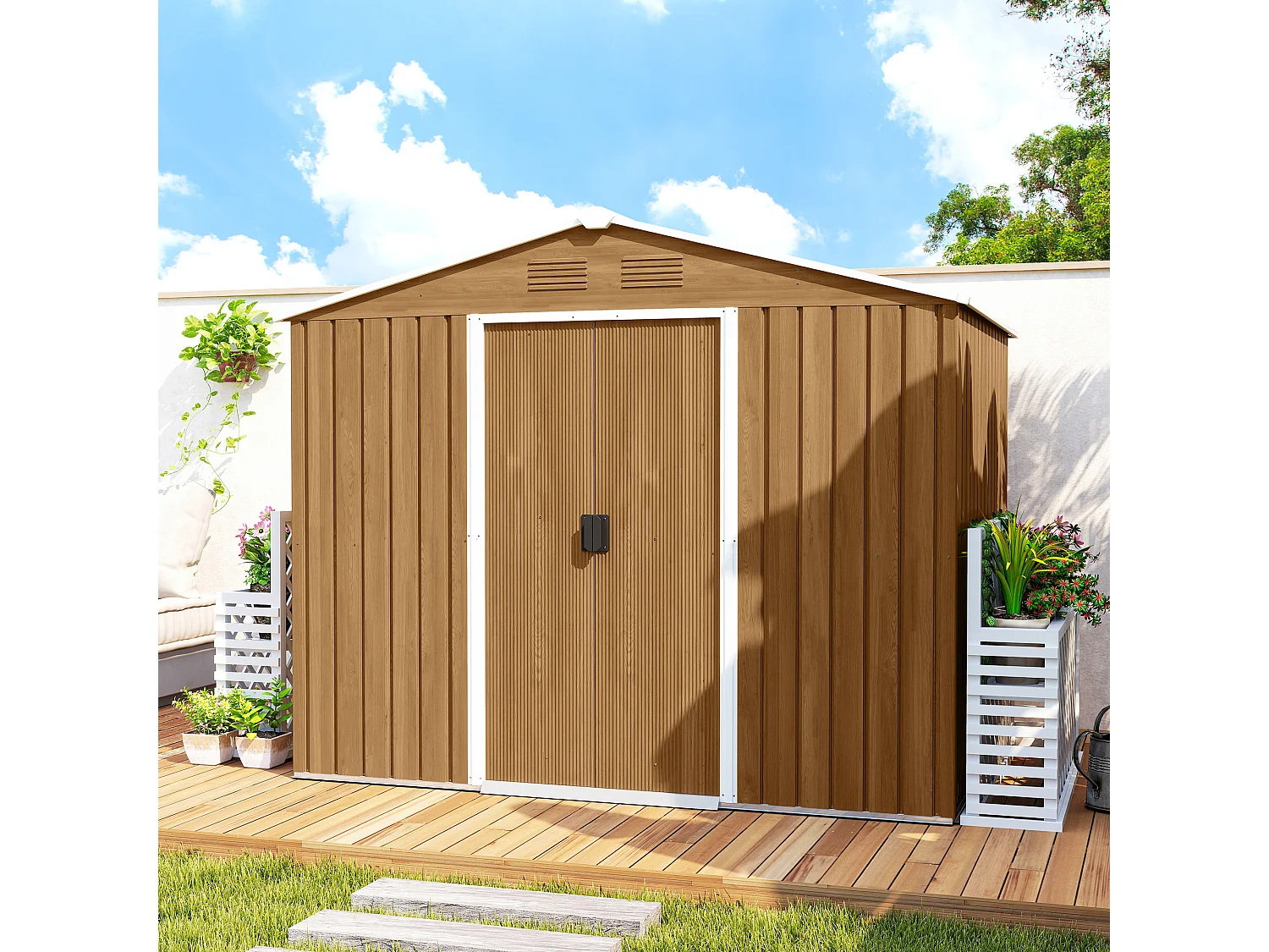 Casetta da giardino con doppia porta e 4 prese d'aria marrone legno