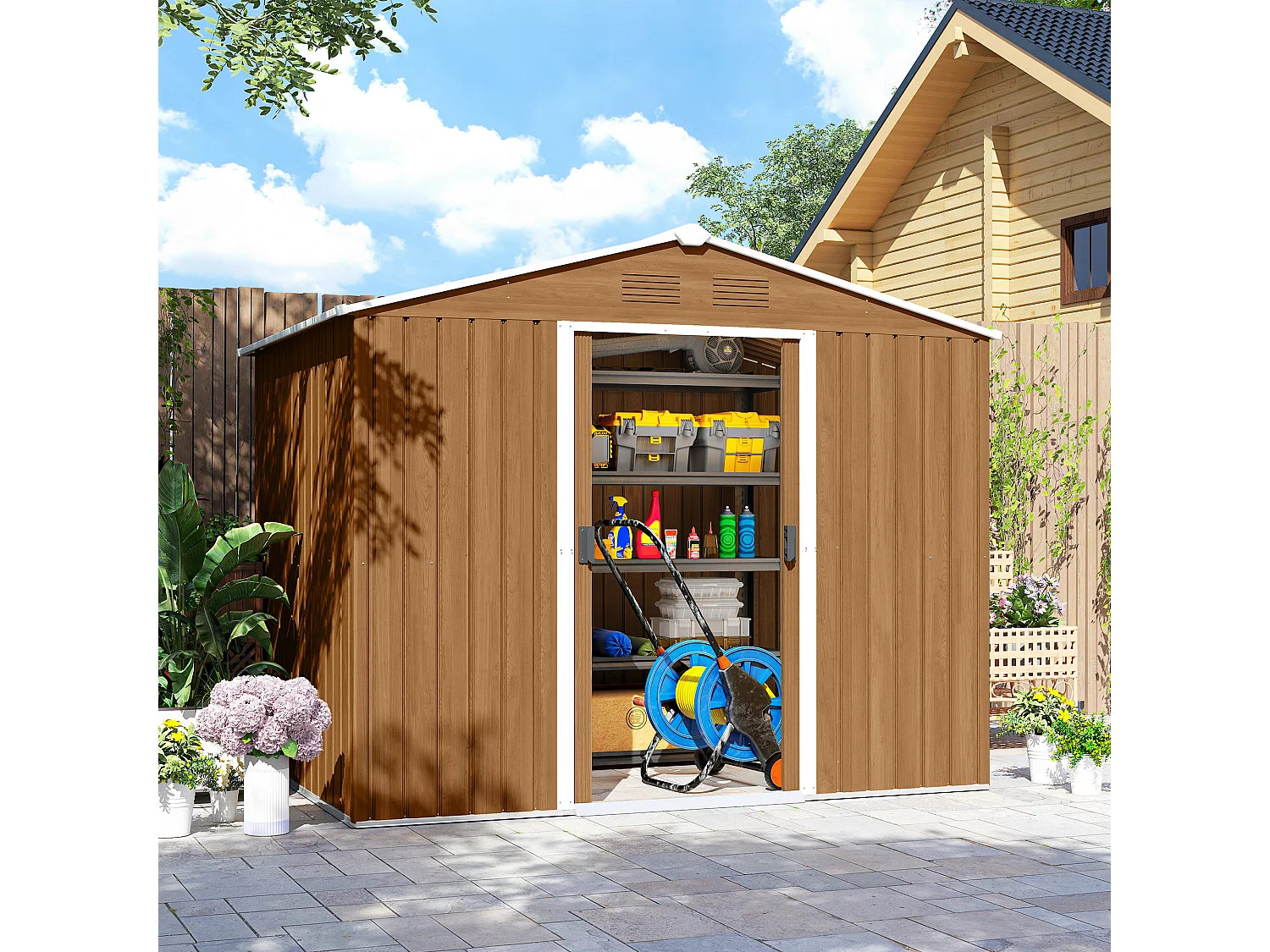 Casetta da giardino con doppia porta e 4 prese d'aria marrone legno