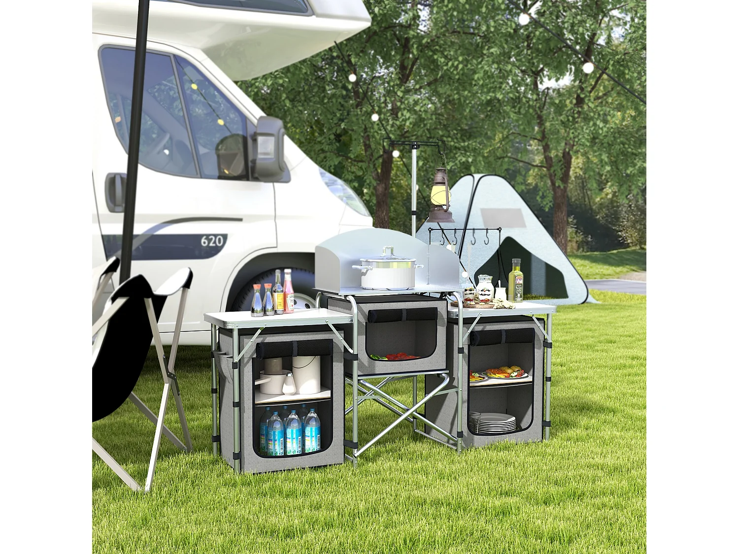 Cucina da campeggio pieghevole a 3 piani con 5 ripiani e 4 ganci