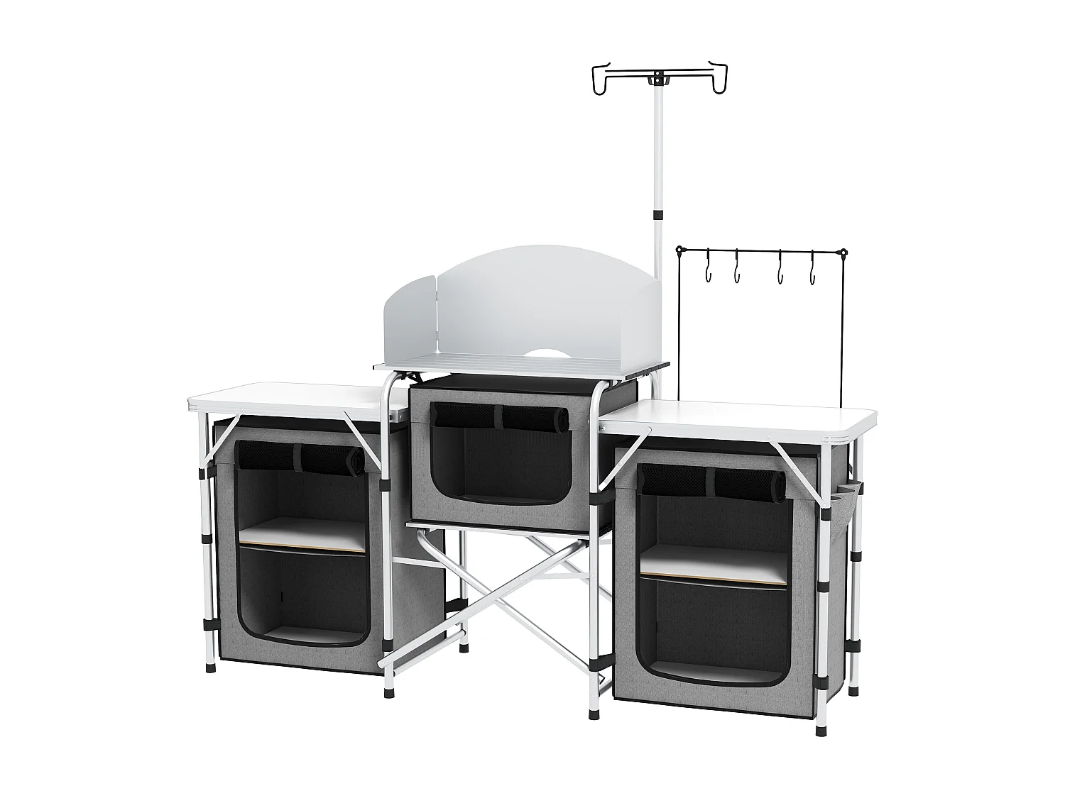 Cucina da campeggio pieghevole a 3 piani con 5 ripiani e 4 ganci