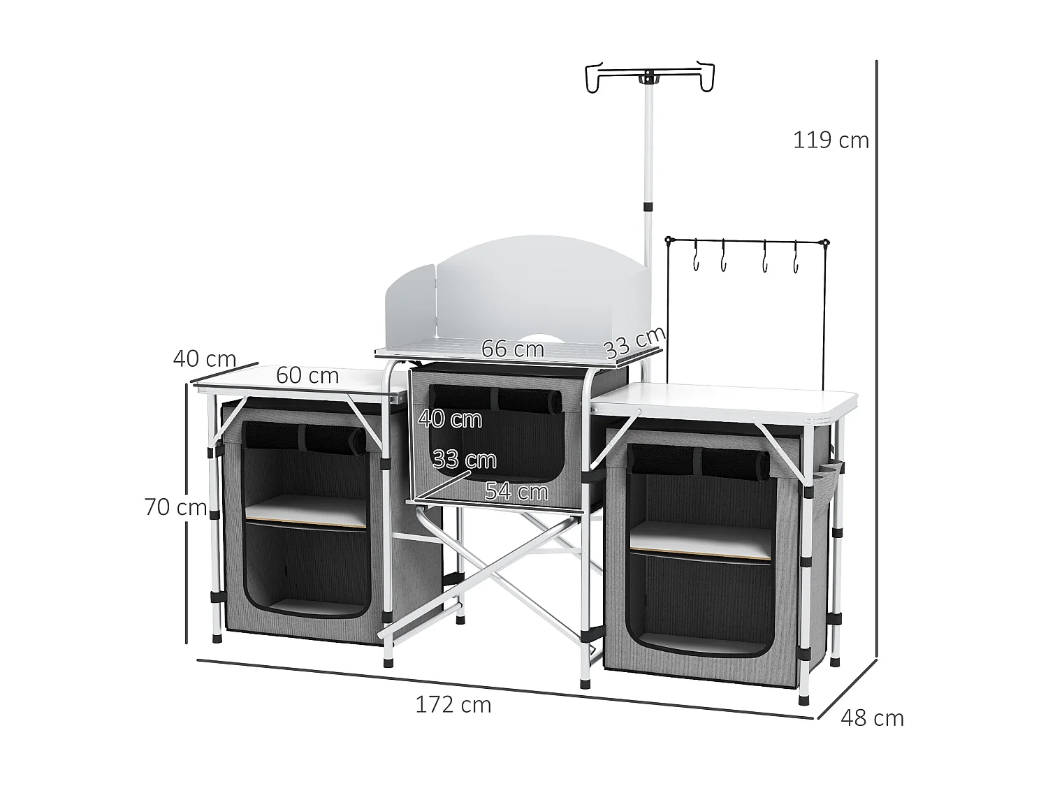 Cucina da campeggio pieghevole a 3 piani con 5 ripiani e 4 ganci