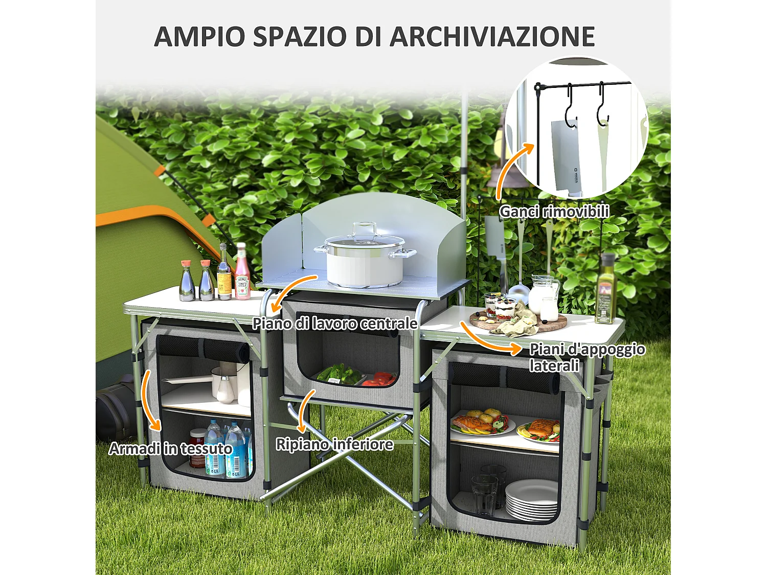 Cucina da campeggio pieghevole a 3 piani con 5 ripiani e 4 ganci