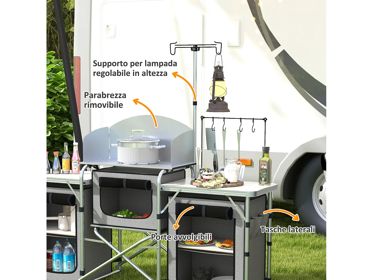 Cucina da campeggio pieghevole a 3 piani con 5 ripiani e 4 ganci