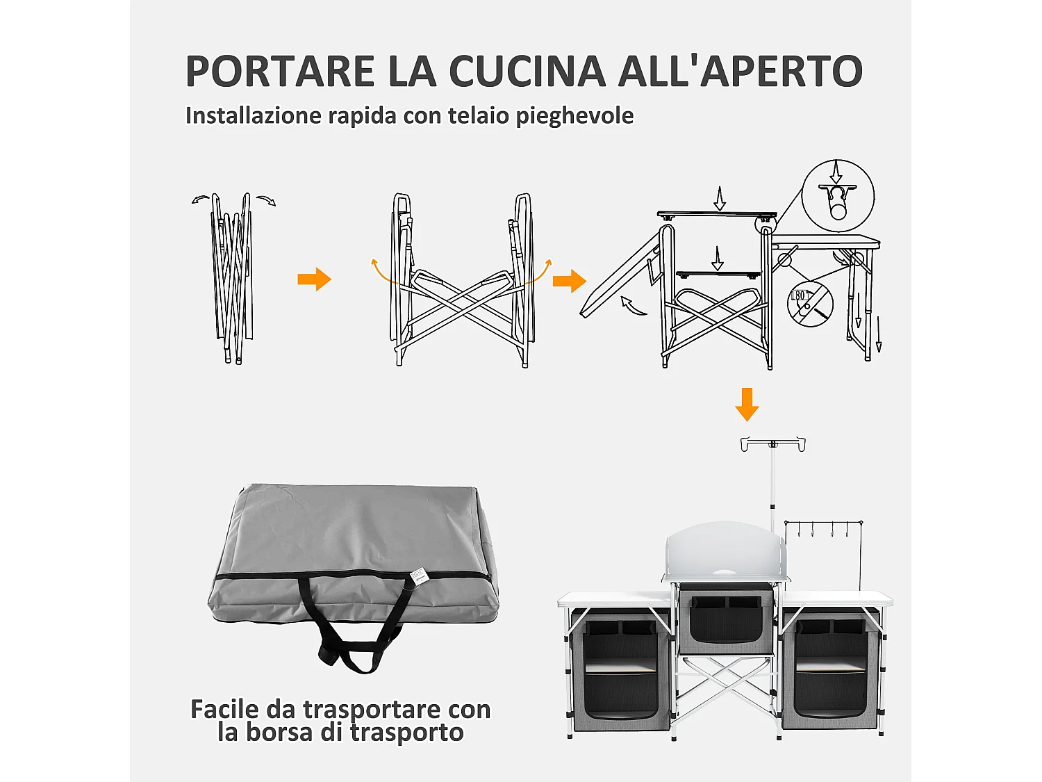 Cucina da campeggio pieghevole a 3 piani con 5 ripiani e 4 ganci