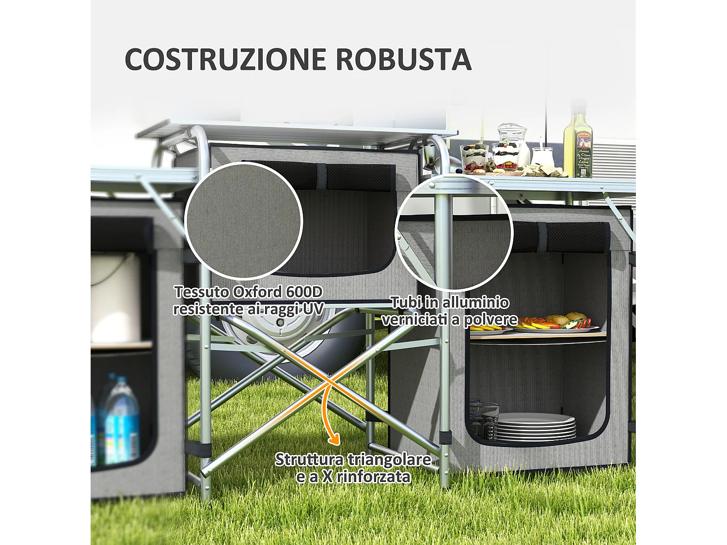 Cucina da campeggio pieghevole a 3 piani con 5 ripiani e 4 ganci