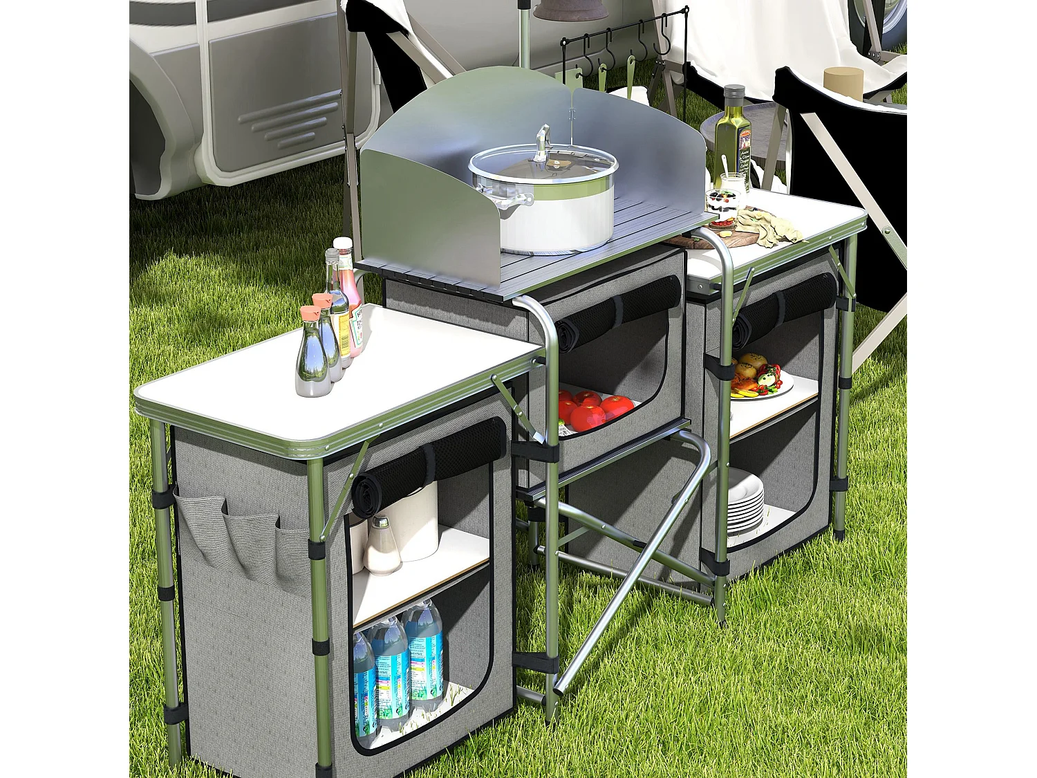 Cucina da campeggio pieghevole a 3 piani con 5 ripiani e 4 ganci