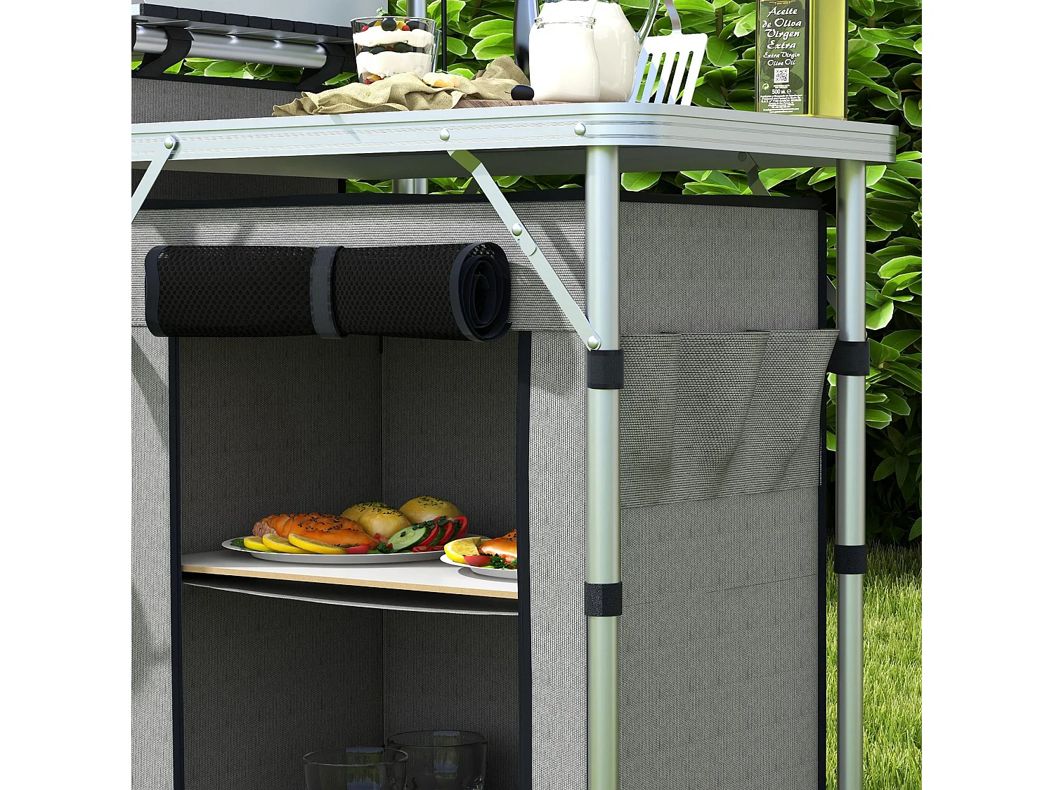 Cucina da campeggio pieghevole a 3 piani con 5 ripiani e 4 ganci