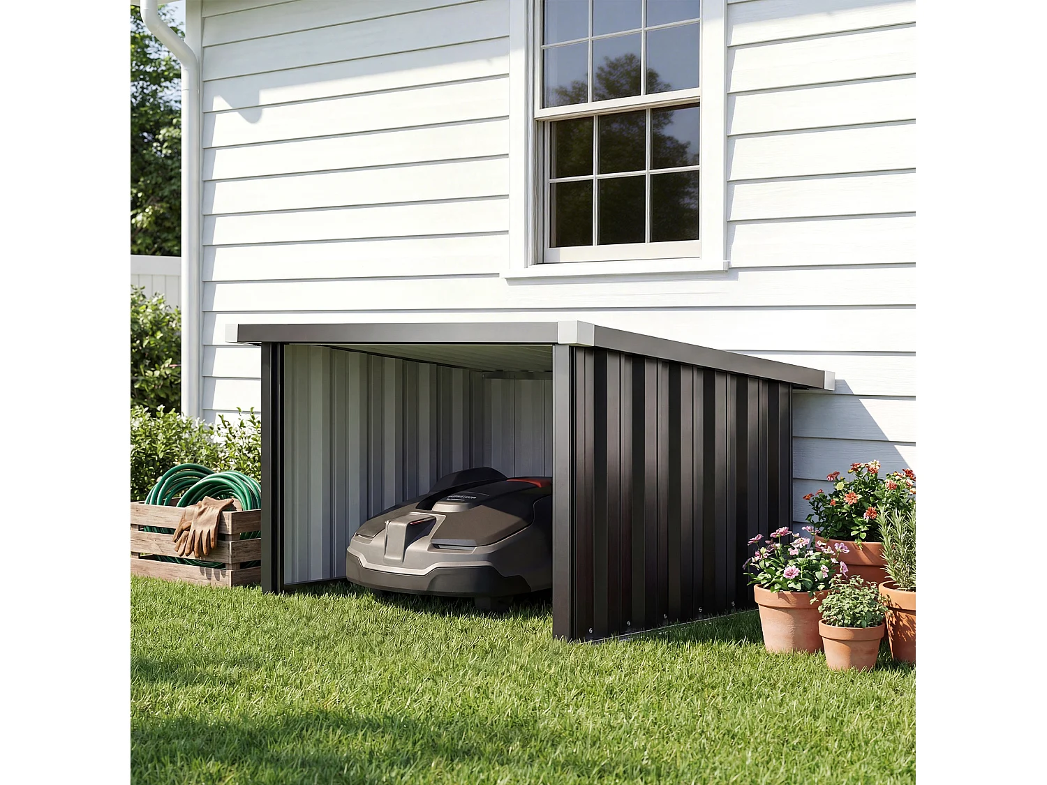 Garage per robot tagliaerba con tetto inclinato in acciaio grigio
