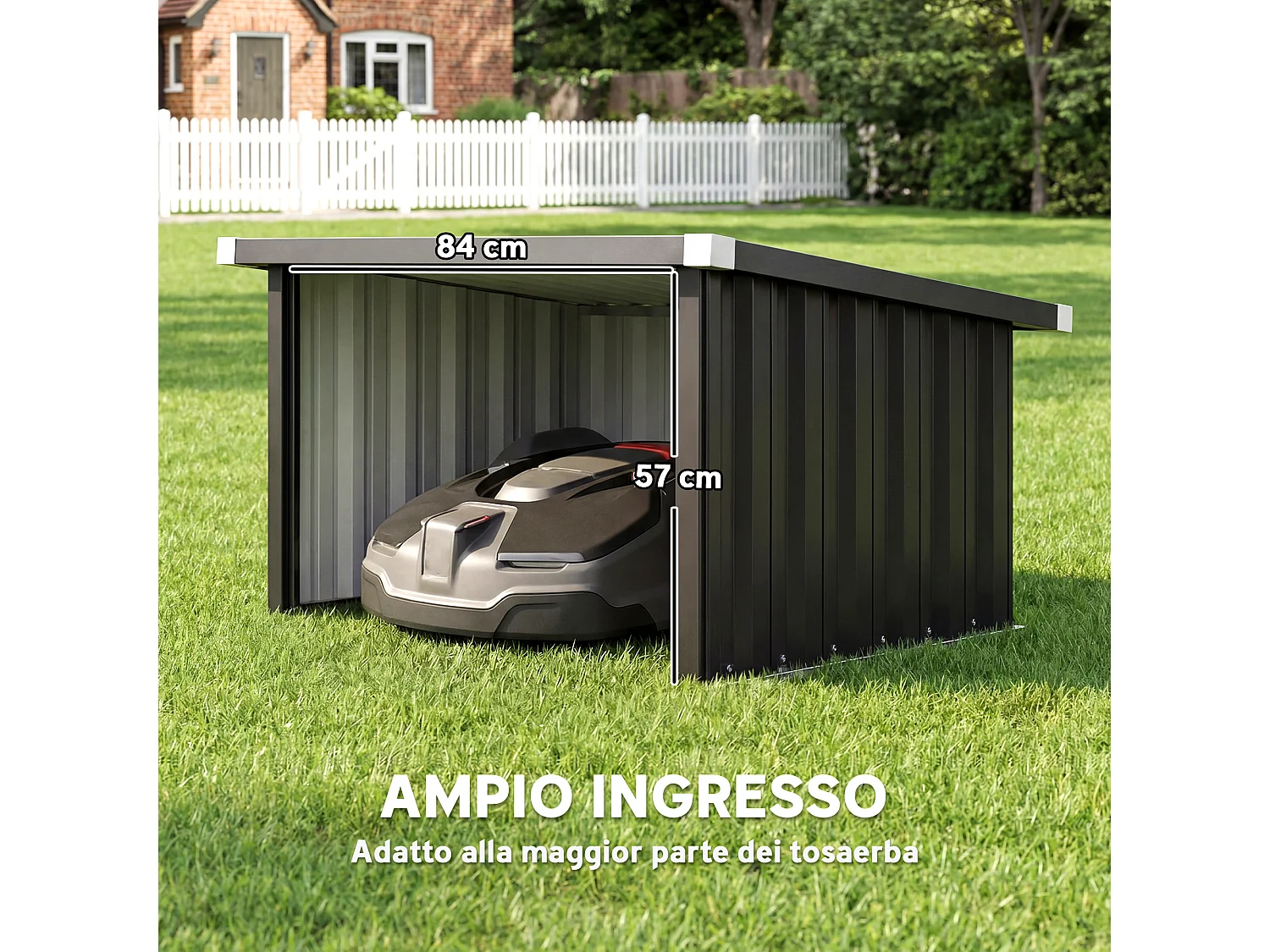 Garage per robot tagliaerba con tetto inclinato in acciaio grigio