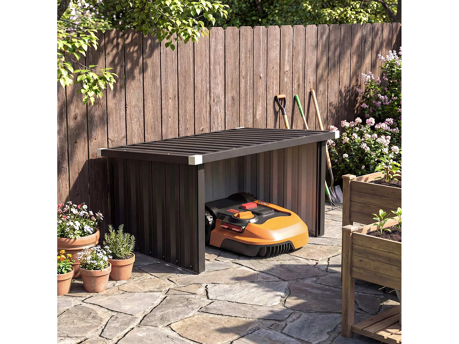 Garage per robot tagliaerba con tetto inclinato in acciaio grigio