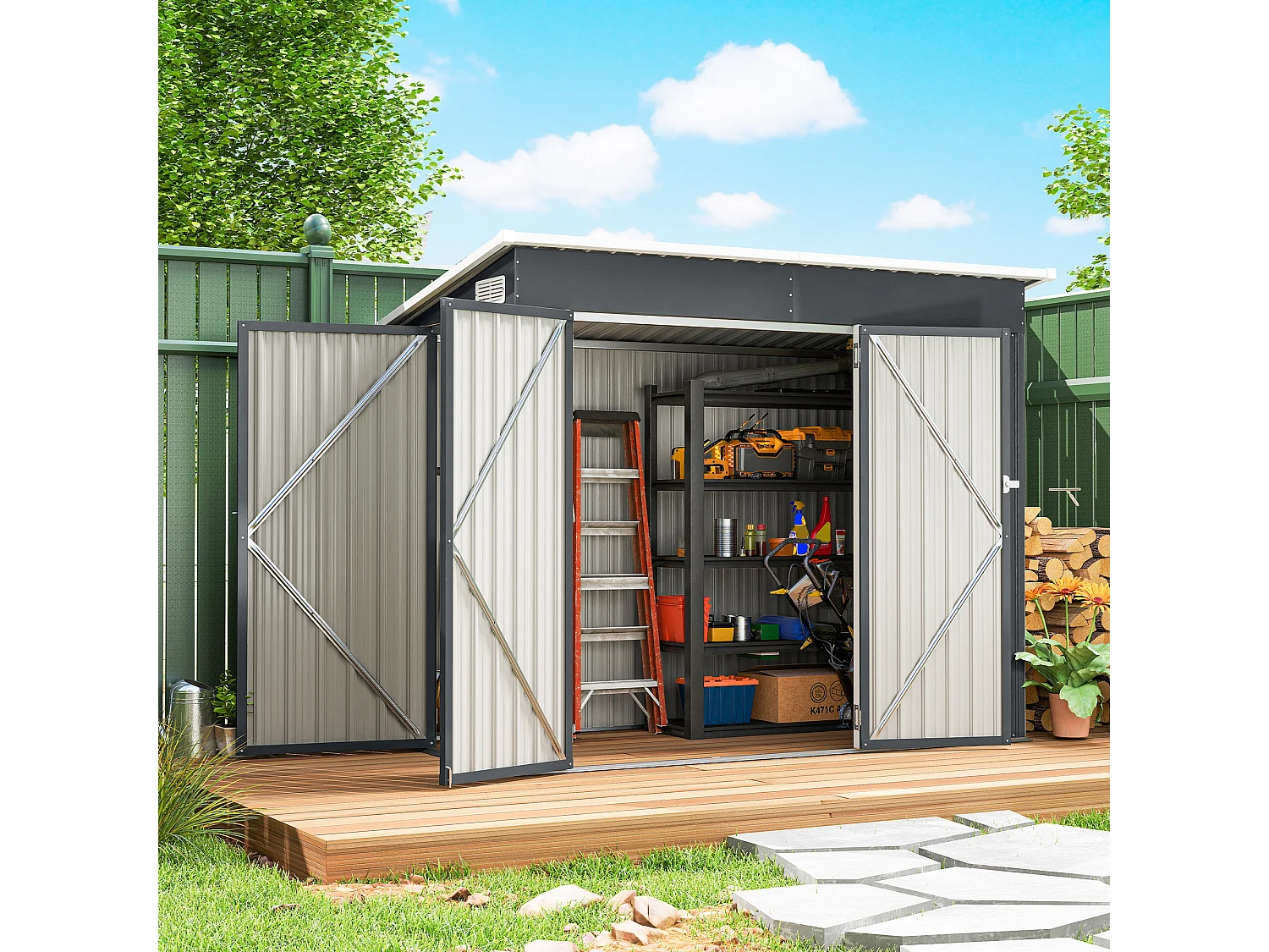 Casetta da giardino con 3 porte bloccabili in acciaio grigio scuro