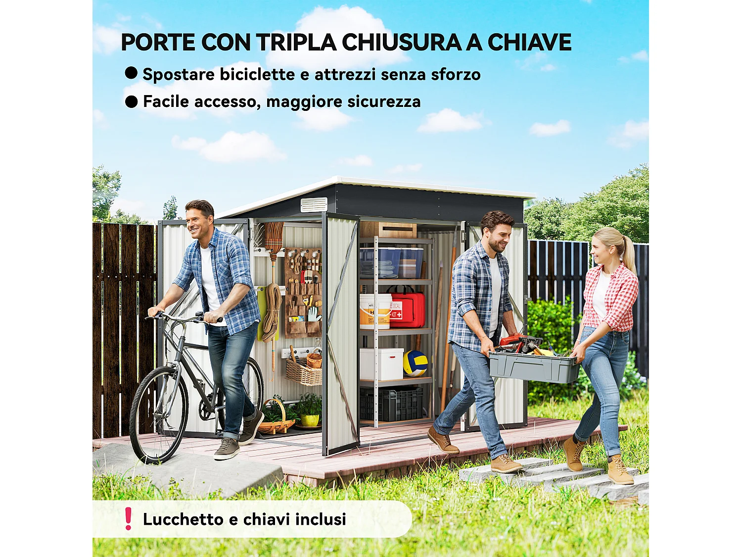 Casetta da giardino con 3 porte bloccabili in acciaio grigio scuro
