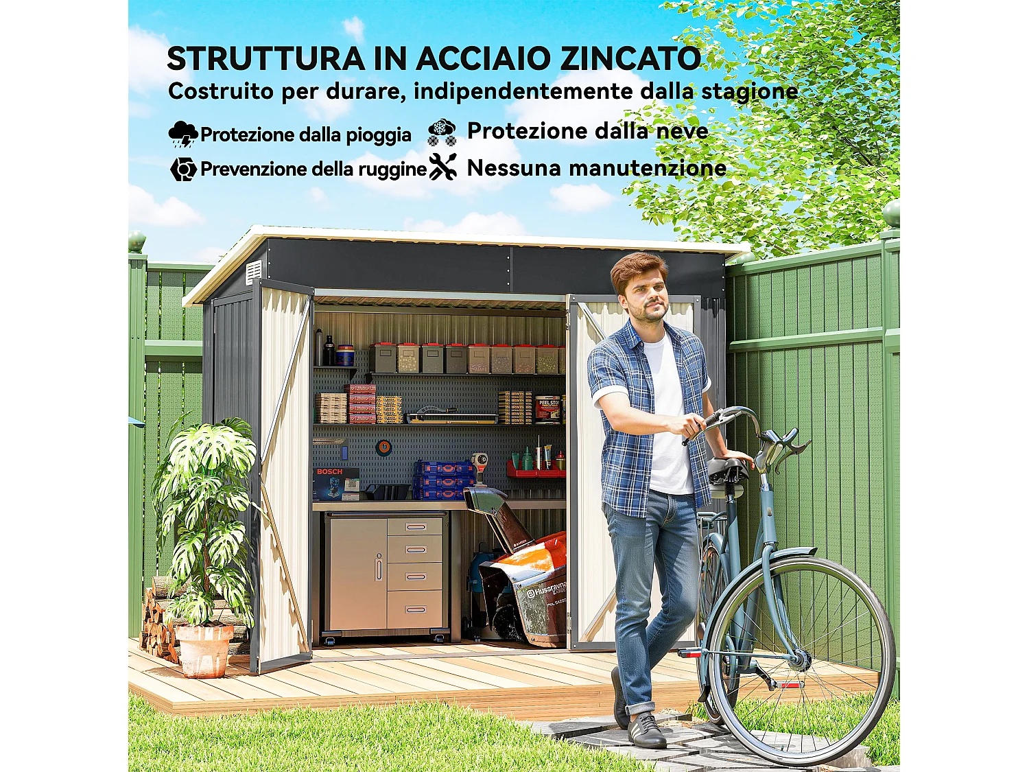 Casetta da giardino con 3 porte bloccabili in acciaio grigio scuro