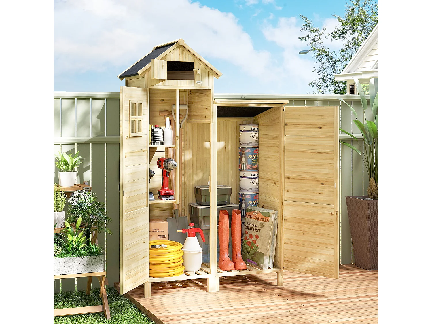 Casetta porta attrezzi a 2 zone in legno naturale 106x57x167 cm