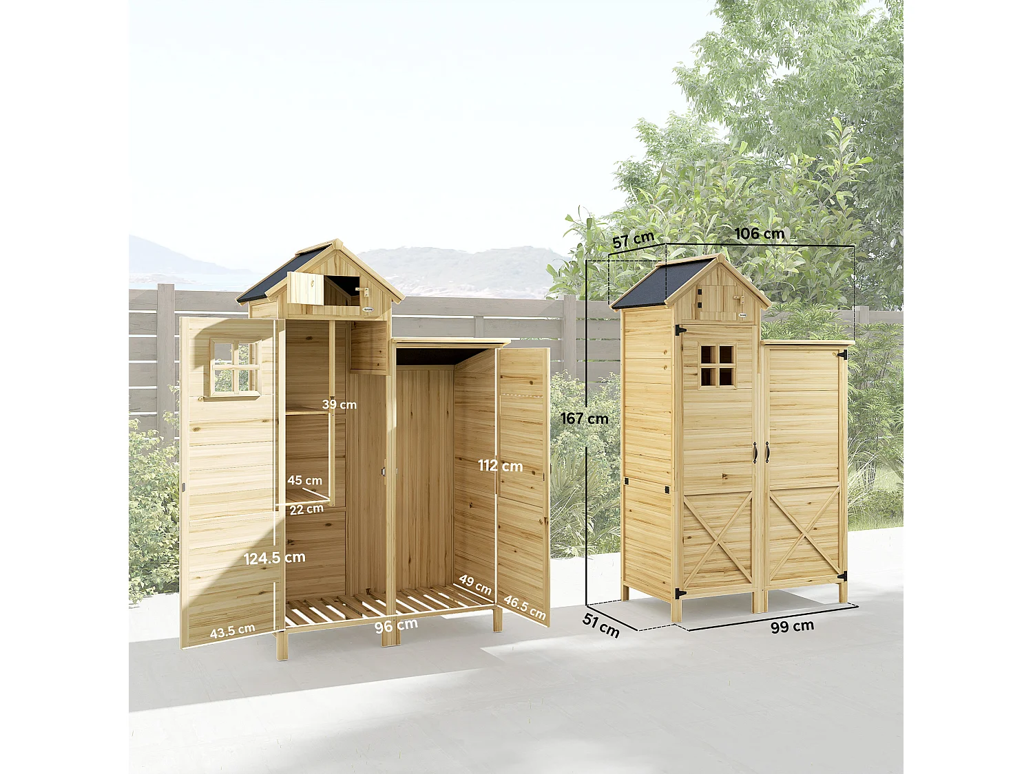 Casetta porta attrezzi a 2 zone in legno naturale 106x57x167 cm