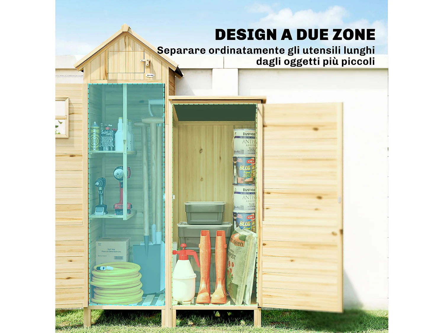 Casetta porta attrezzi a 2 zone in legno naturale 106x57x167 cm