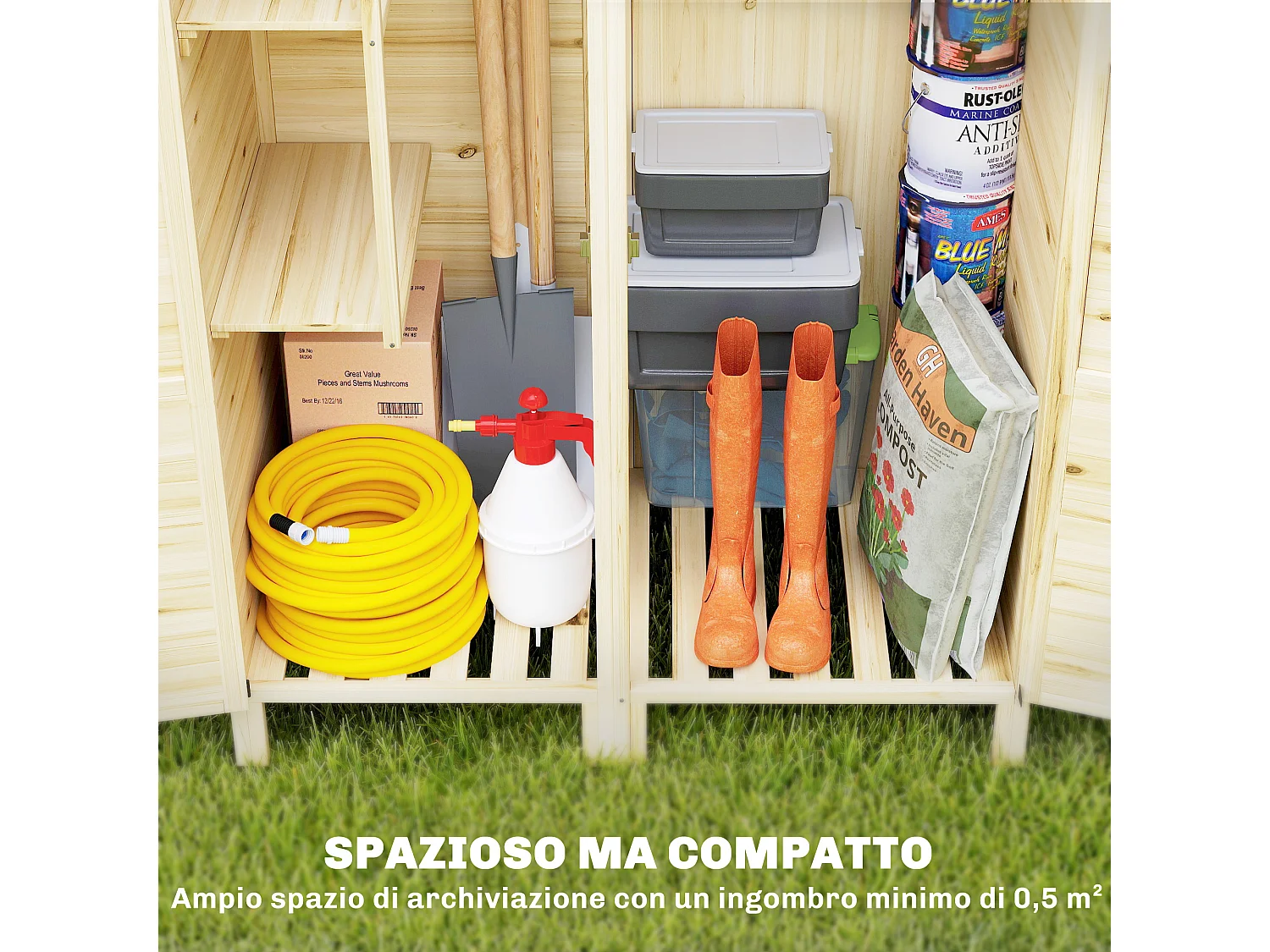 Casetta porta attrezzi a 2 zone in legno naturale 106x57x167 cm