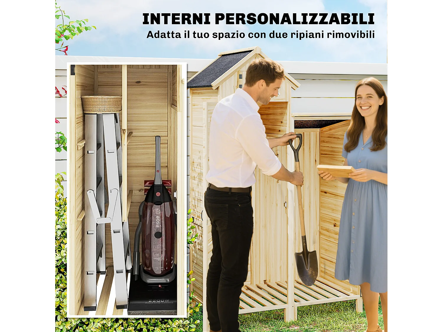 Casetta porta attrezzi a 2 zone in legno naturale 106x57x167 cm