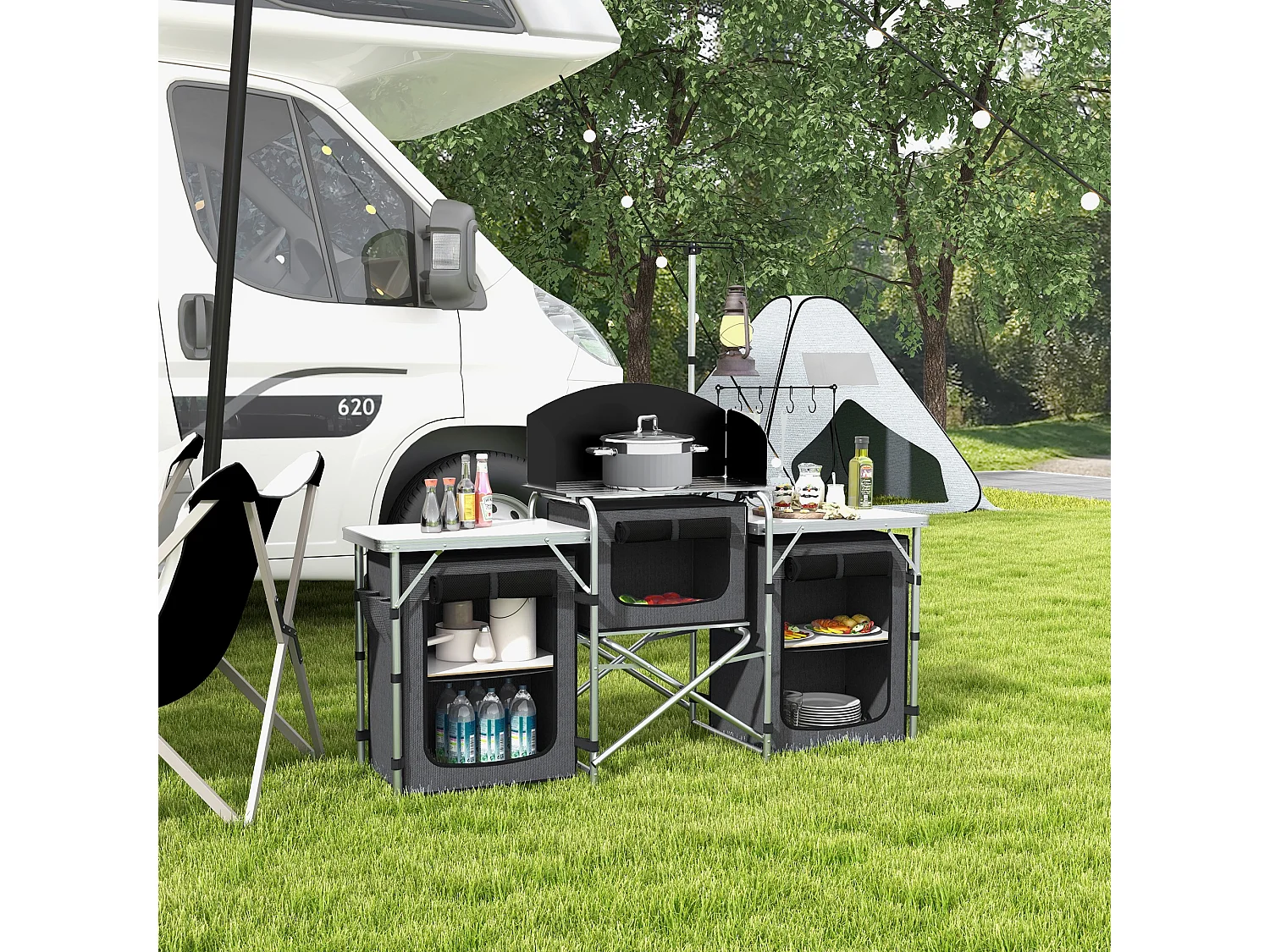Cucina da campeggio pieghevole a 3 sezioni 5 ripiani e 4 ganci nero