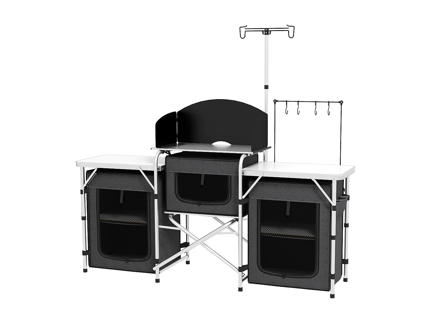 Cucina da campeggio pieghevole a 3 sezioni 5 ripiani e 4 ganci nero