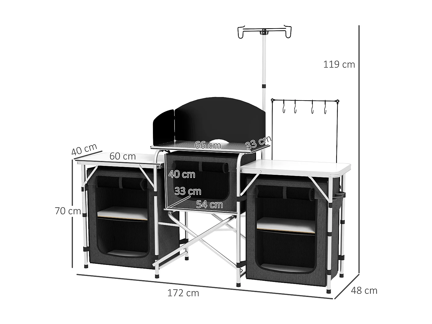 Cucina da campeggio pieghevole a 3 sezioni 5 ripiani e 4 ganci nero
