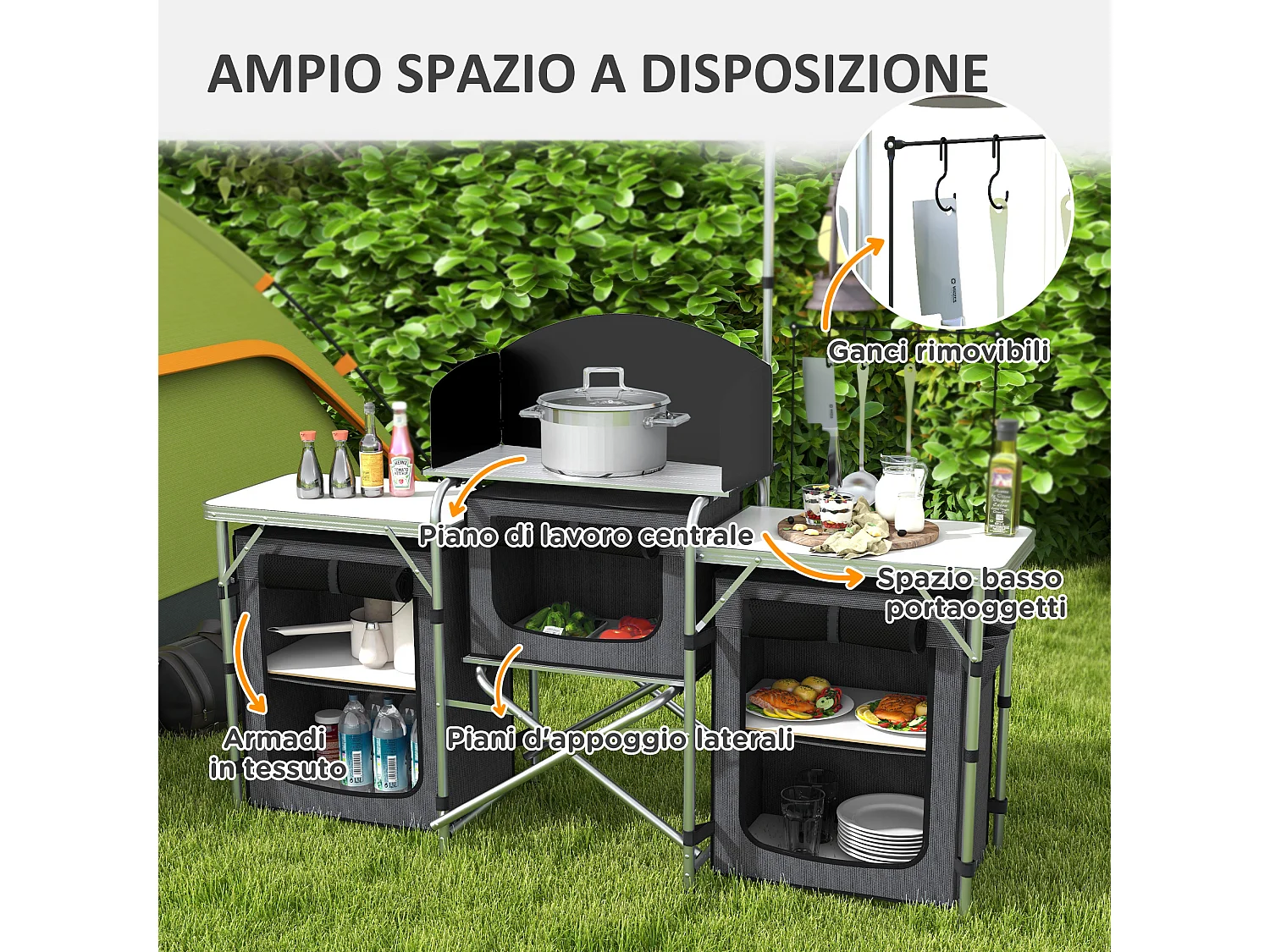 Cucina da campeggio pieghevole a 3 sezioni 5 ripiani e 4 ganci nero