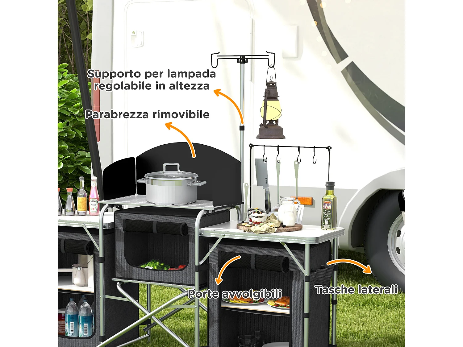 Cucina da campeggio pieghevole a 3 sezioni 5 ripiani e 4 ganci nero