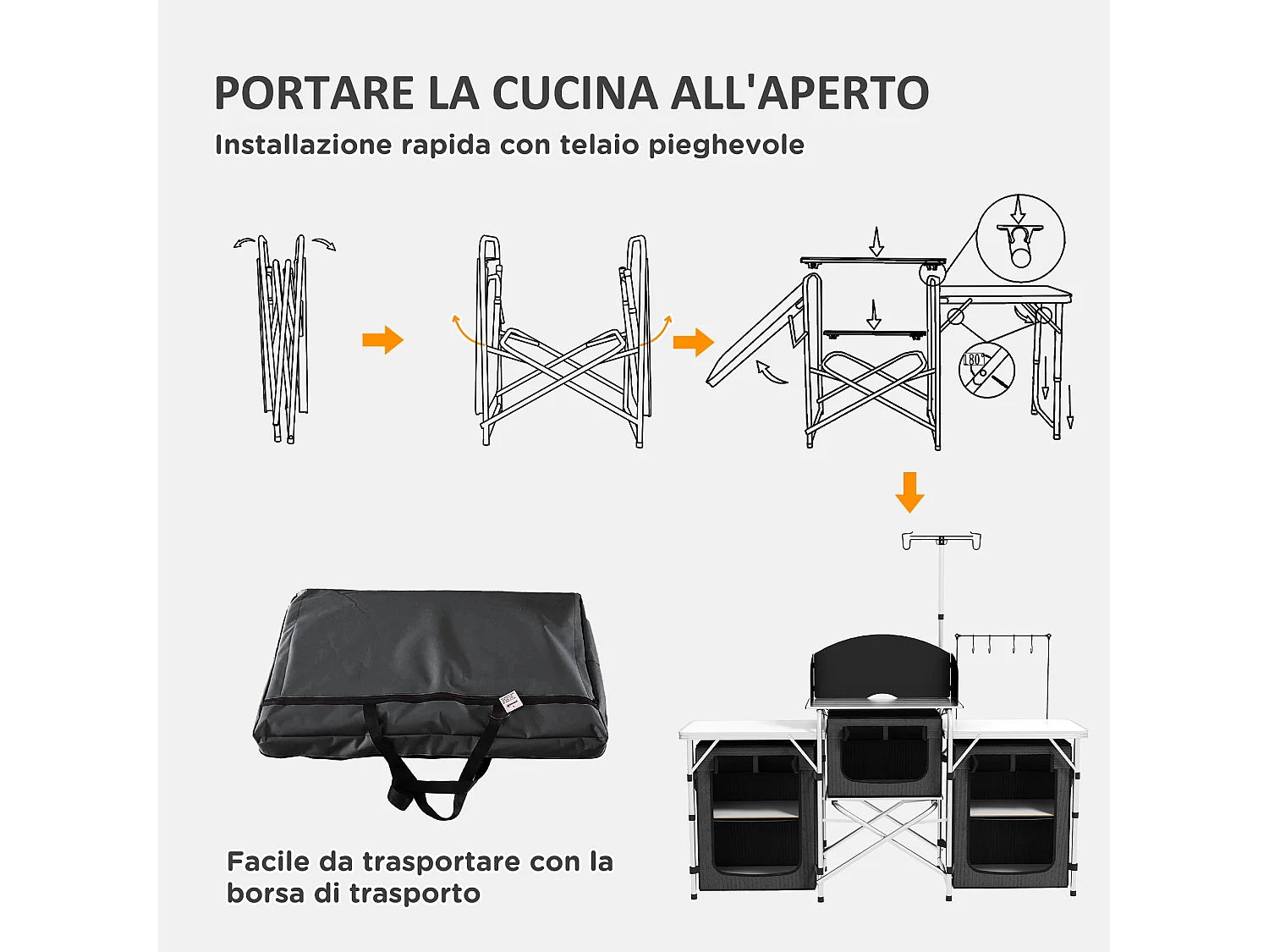 Cucina da campeggio pieghevole a 3 sezioni 5 ripiani e 4 ganci nero