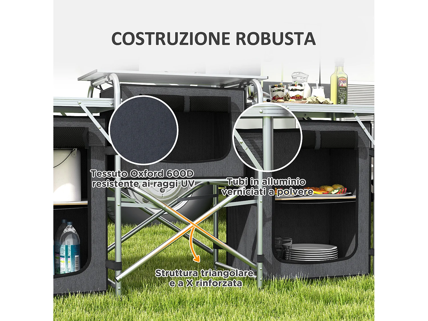 Cucina da campeggio pieghevole a 3 sezioni 5 ripiani e 4 ganci nero