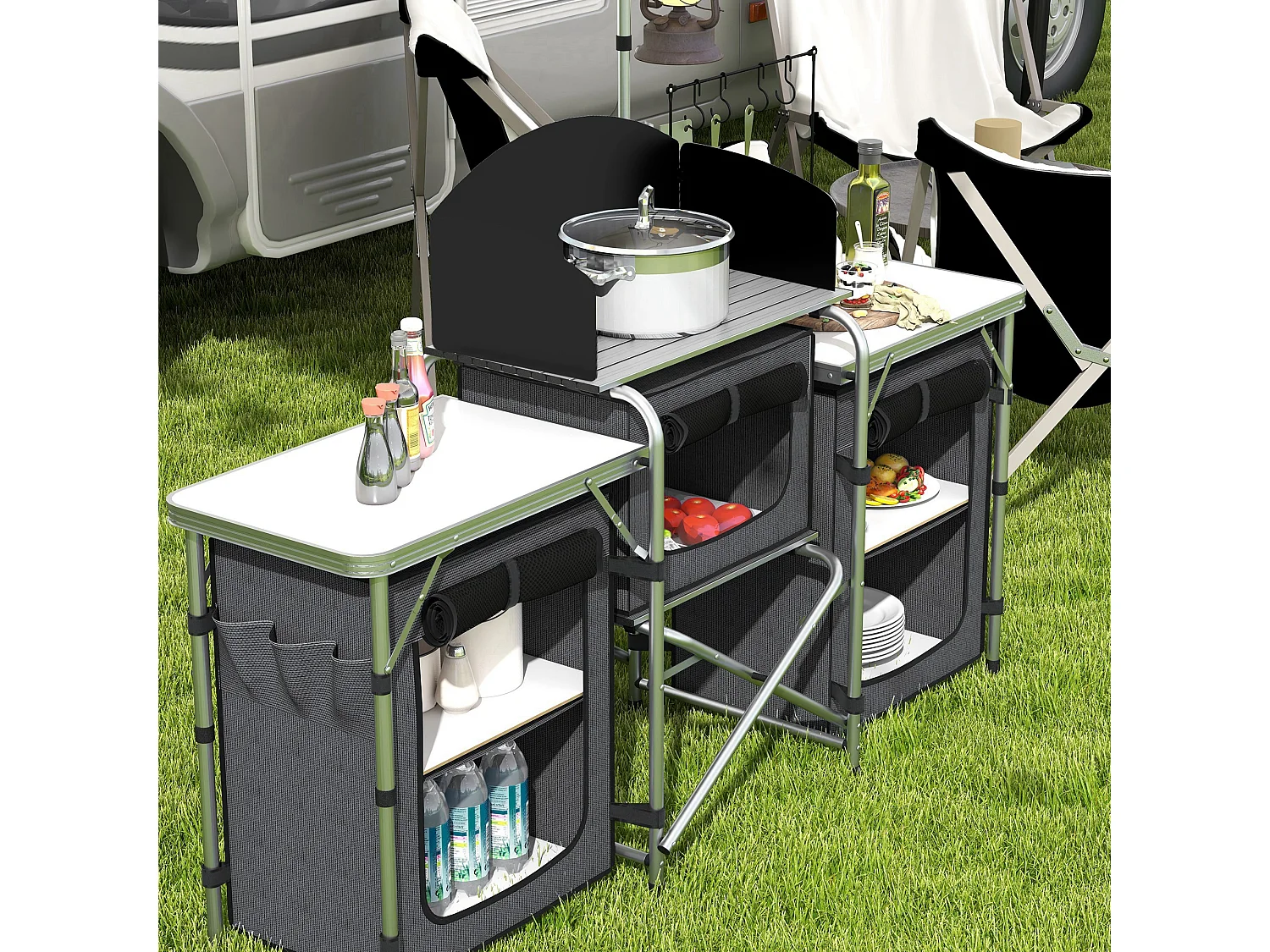 Cucina da campeggio pieghevole a 3 sezioni 5 ripiani e 4 ganci nero