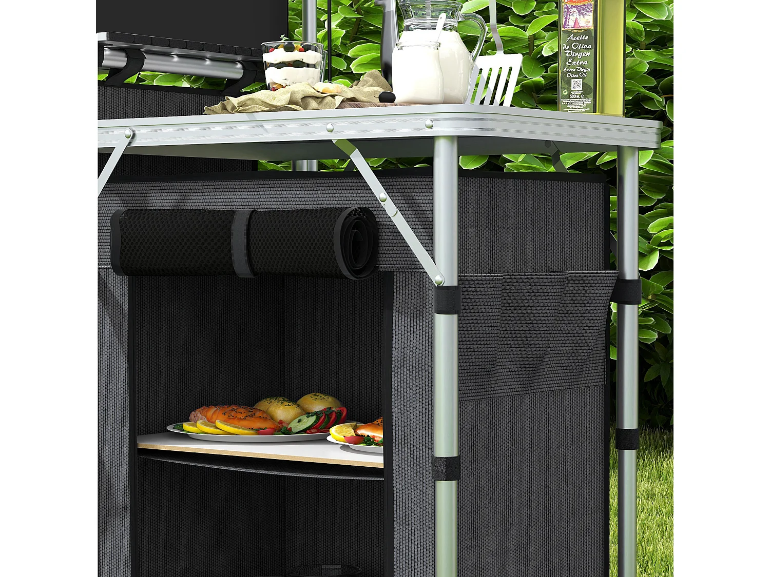 Cucina da campeggio pieghevole a 3 sezioni 5 ripiani e 4 ganci nero