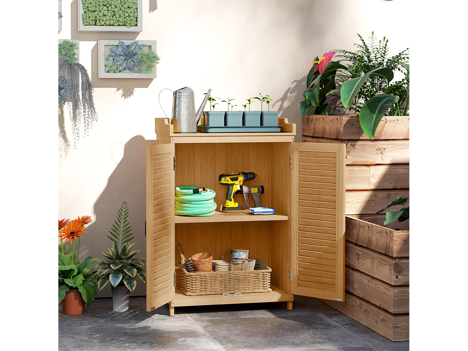 Armadio da esterno a due ante con piano di lavoro in legno e acciaio