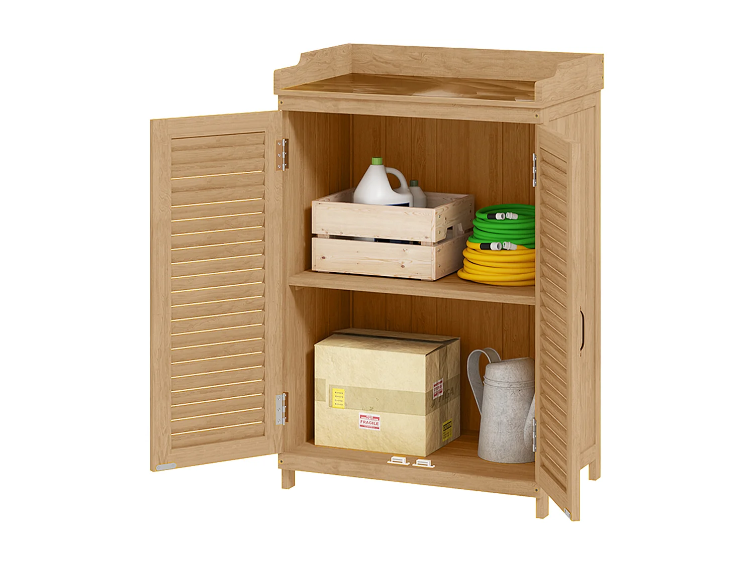 Armadio da esterno a due ante con piano di lavoro in legno e acciaio