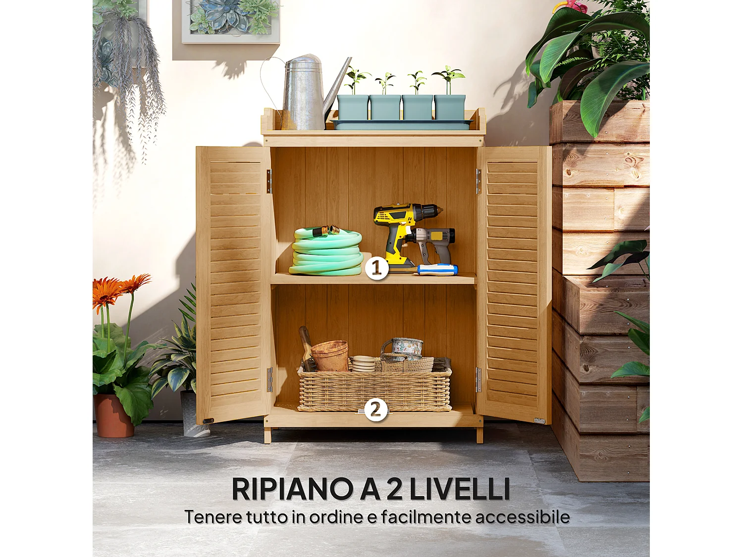 Armadio da esterno a due ante con piano di lavoro in legno e acciaio