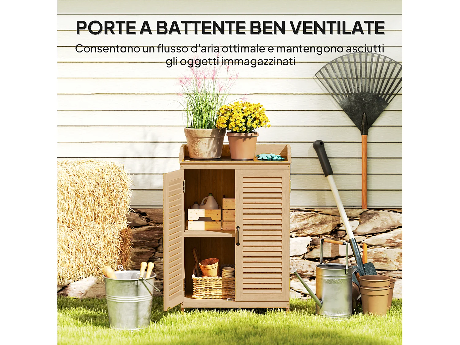 Armadio da esterno a due ante con piano di lavoro in legno e acciaio