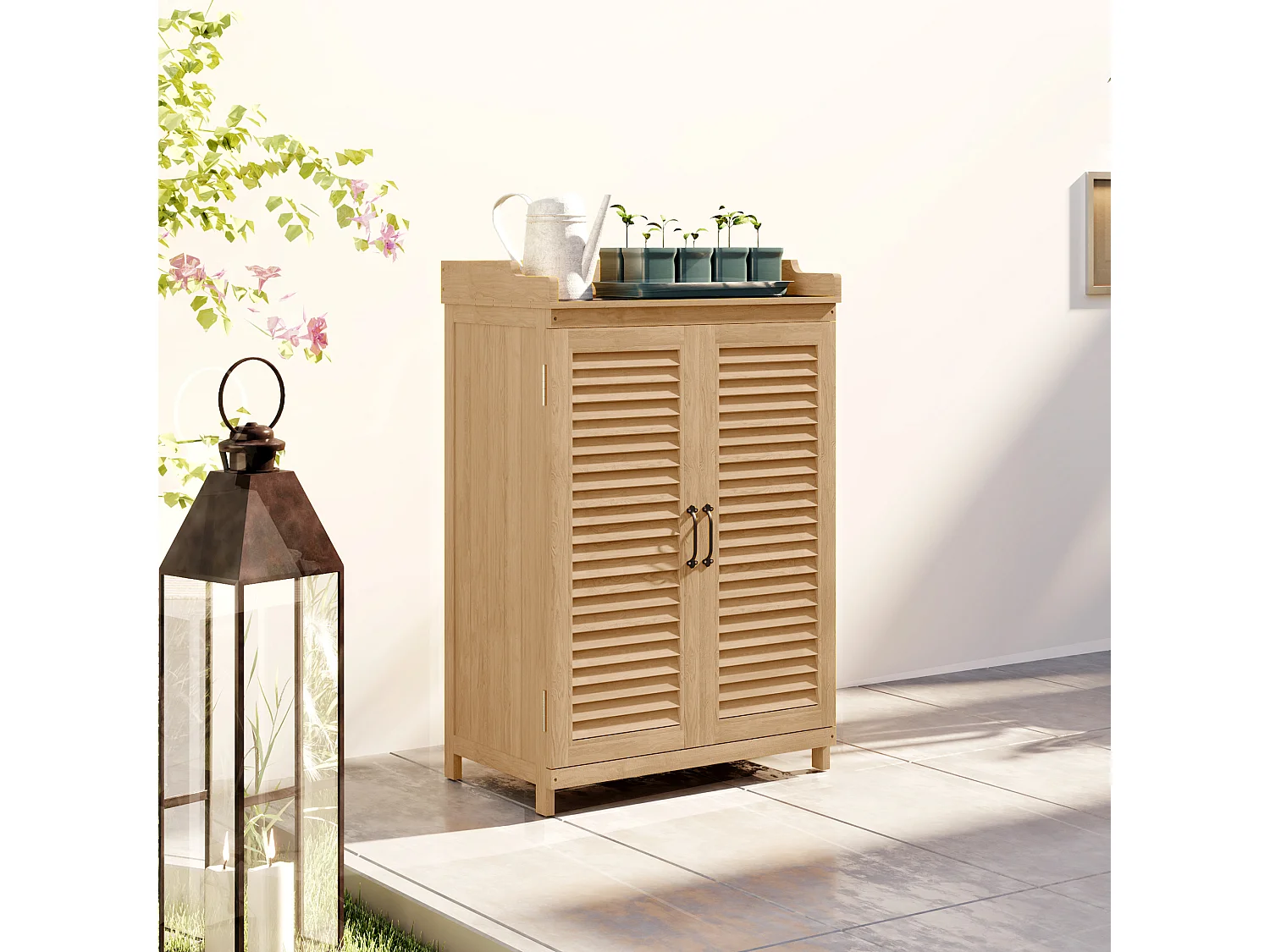 Armadio da esterno a due ante con piano di lavoro in legno e acciaio