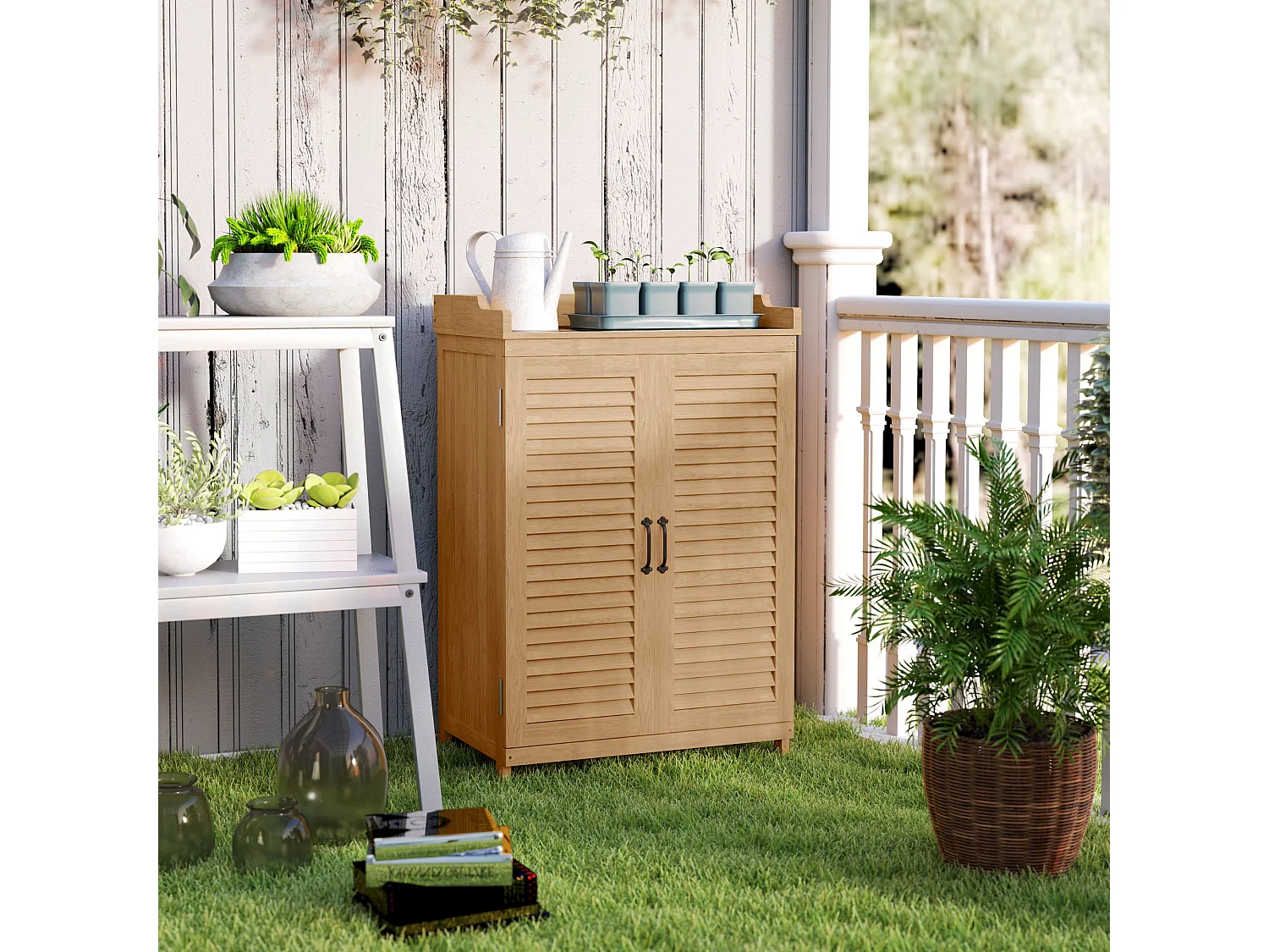 Armadio da esterno a due ante con piano di lavoro in legno e acciaio