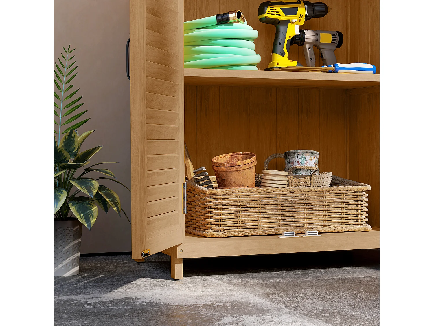 Armadio da esterno a due ante con piano di lavoro in legno e acciaio