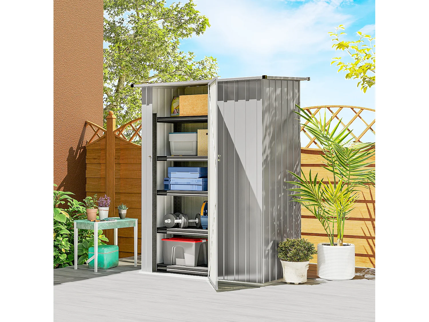 Capanno attrezzi in metallo con tetto inclinato argento