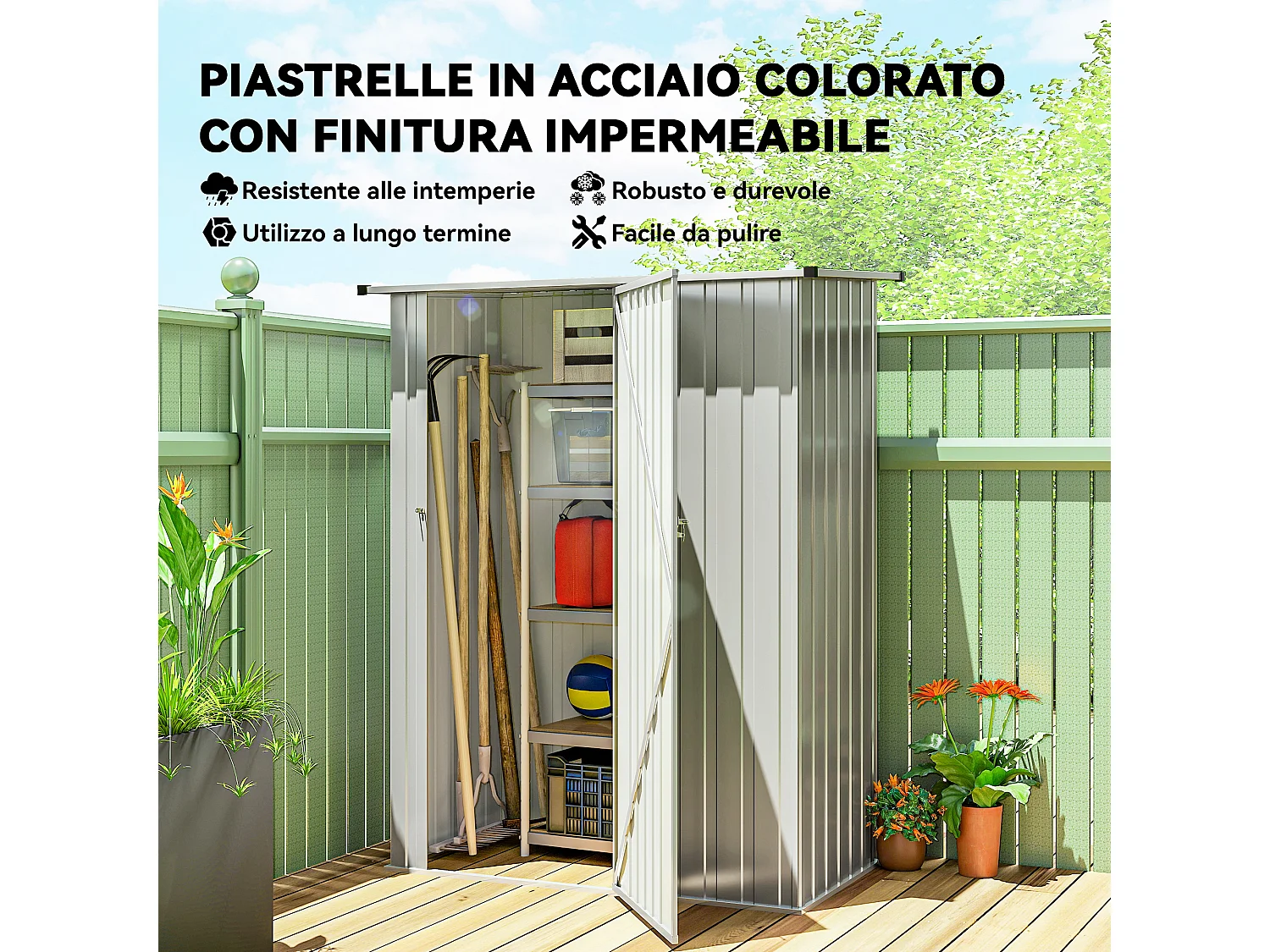 Capanno attrezzi in metallo con tetto inclinato argento