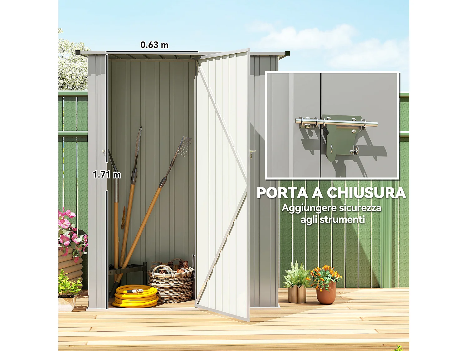 Capanno attrezzi in metallo con tetto inclinato argento