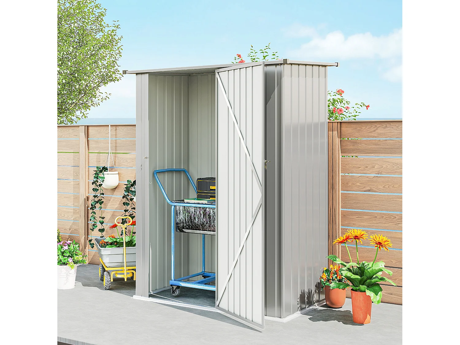 Capanno attrezzi in metallo con tetto inclinato argento