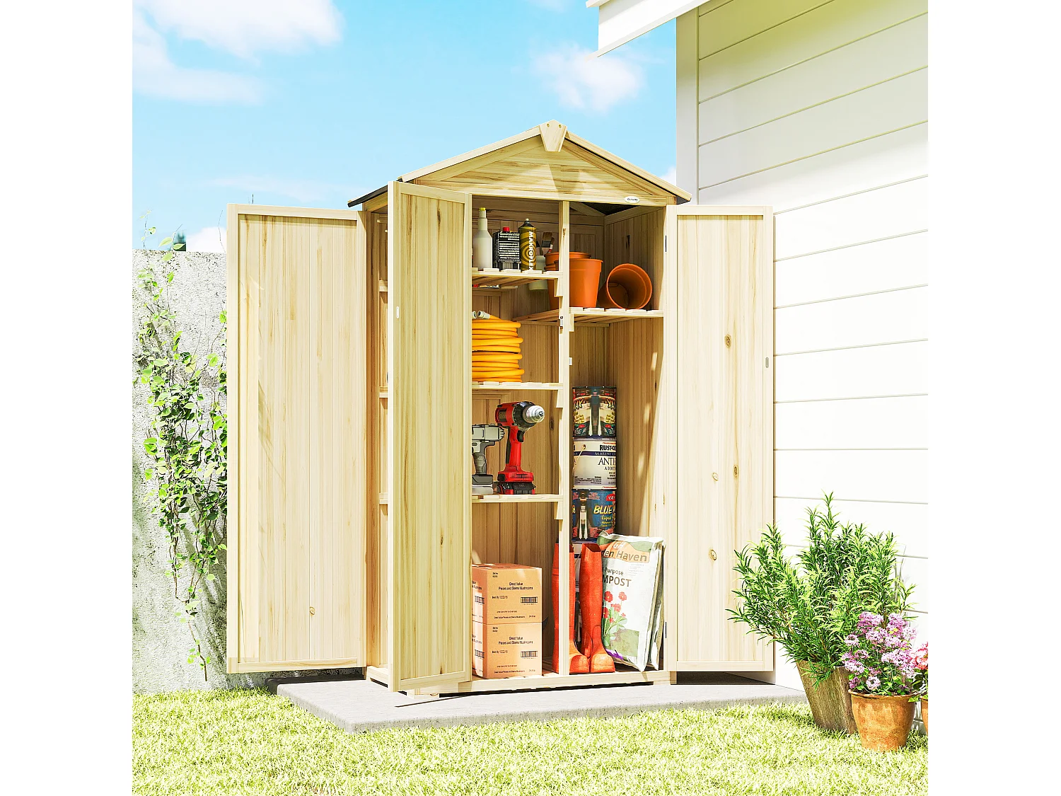 Armadio da giardino con tre porte in legno di abete naturale