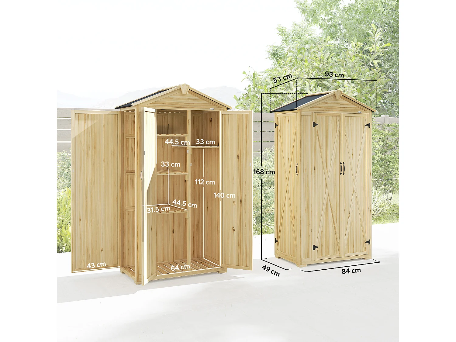 Armadio da giardino con tre porte in legno di abete naturale