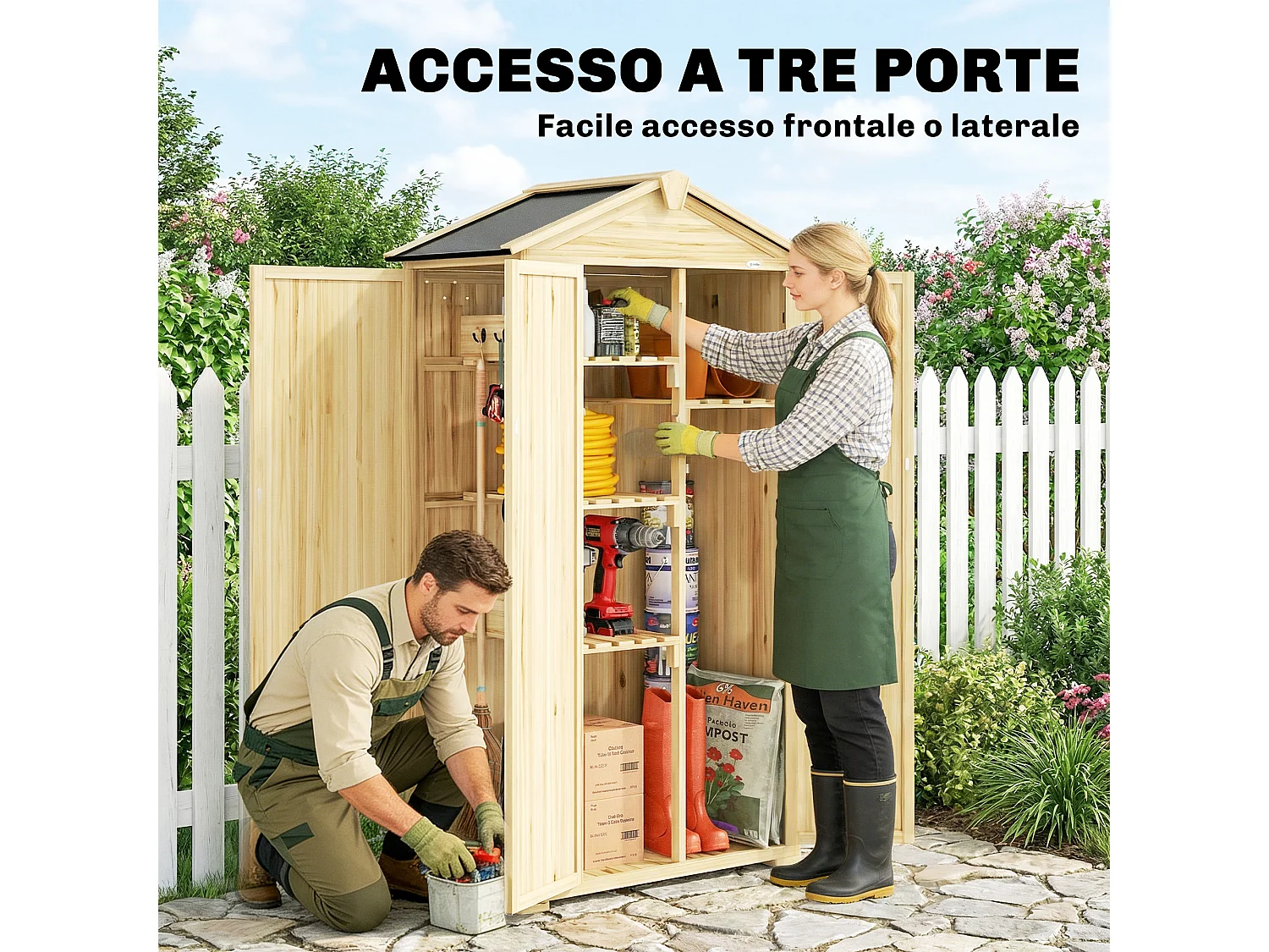 Armadio da giardino con tre porte in legno di abete naturale