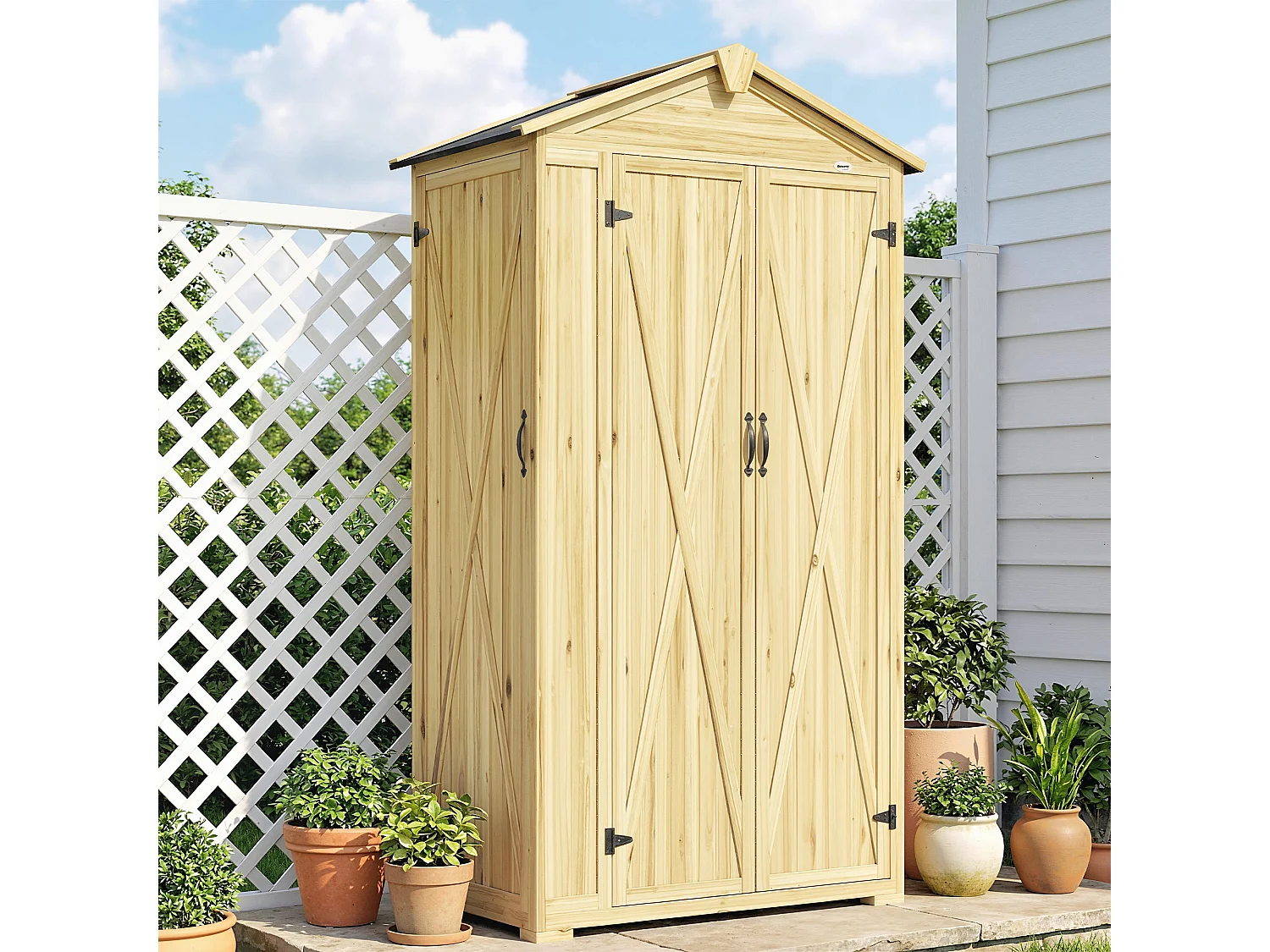 Armadio da giardino con tre porte in legno di abete naturale