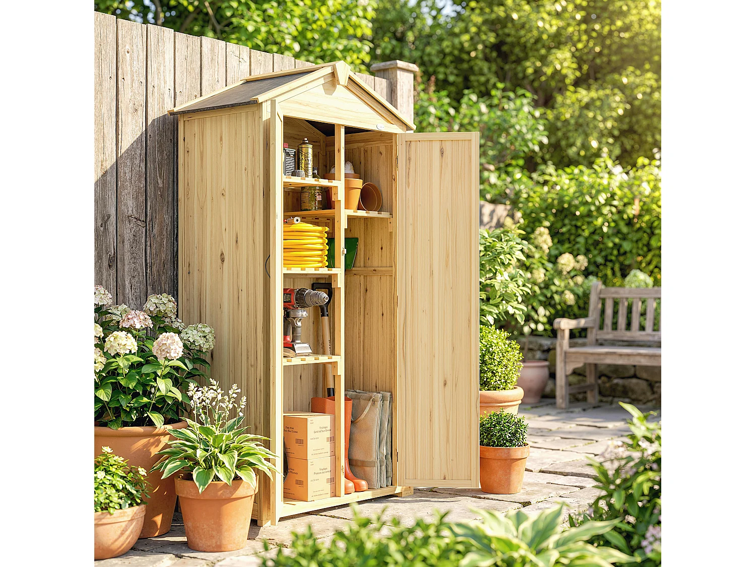 Armadio da giardino con tre porte in legno di abete naturale